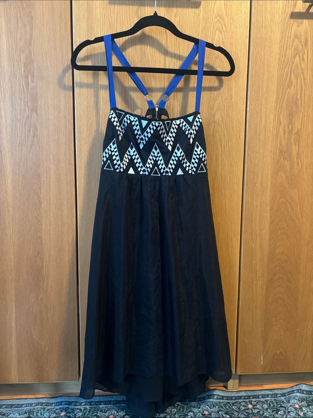 Black Formal Girl's Dress with Blue Straps and Geometric Bodice